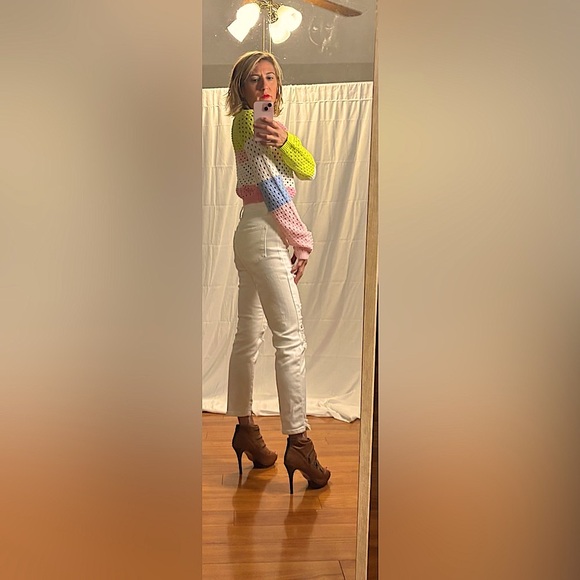 FOCUSNORM Colorblock Sweater Hollow Long Sleeve U-shaped Neck Knit Pullover - Picture 10 of 13